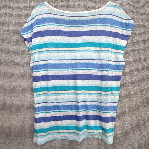 Talbots Women's Striped Linen Top Blue Turquoise White Crew Neck Sz L‎ Beach - Picture 3 of 6